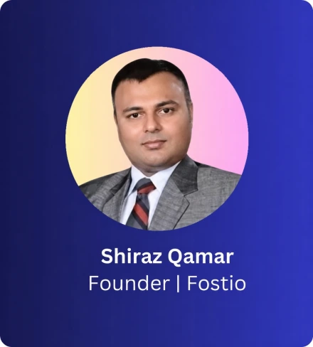 Official Global Investors Forum leader card showing Shiraz Qamar, Founder of Fostio