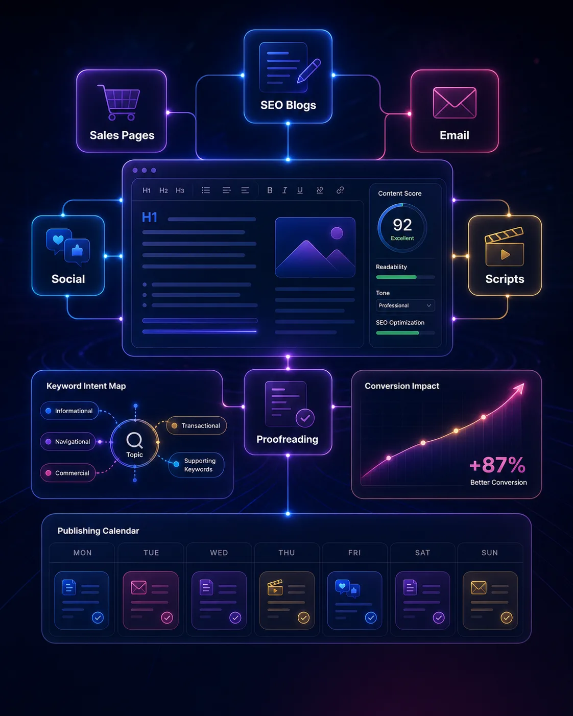 Content writing command center with SEO blogs sales pages email social scripts proofreading keyword intent and conversion impact