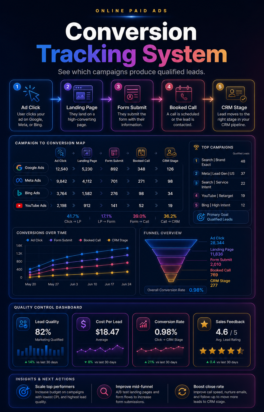 Paid ads conversion system visual showing campaigns flowing into verified leads and CRM pipeline