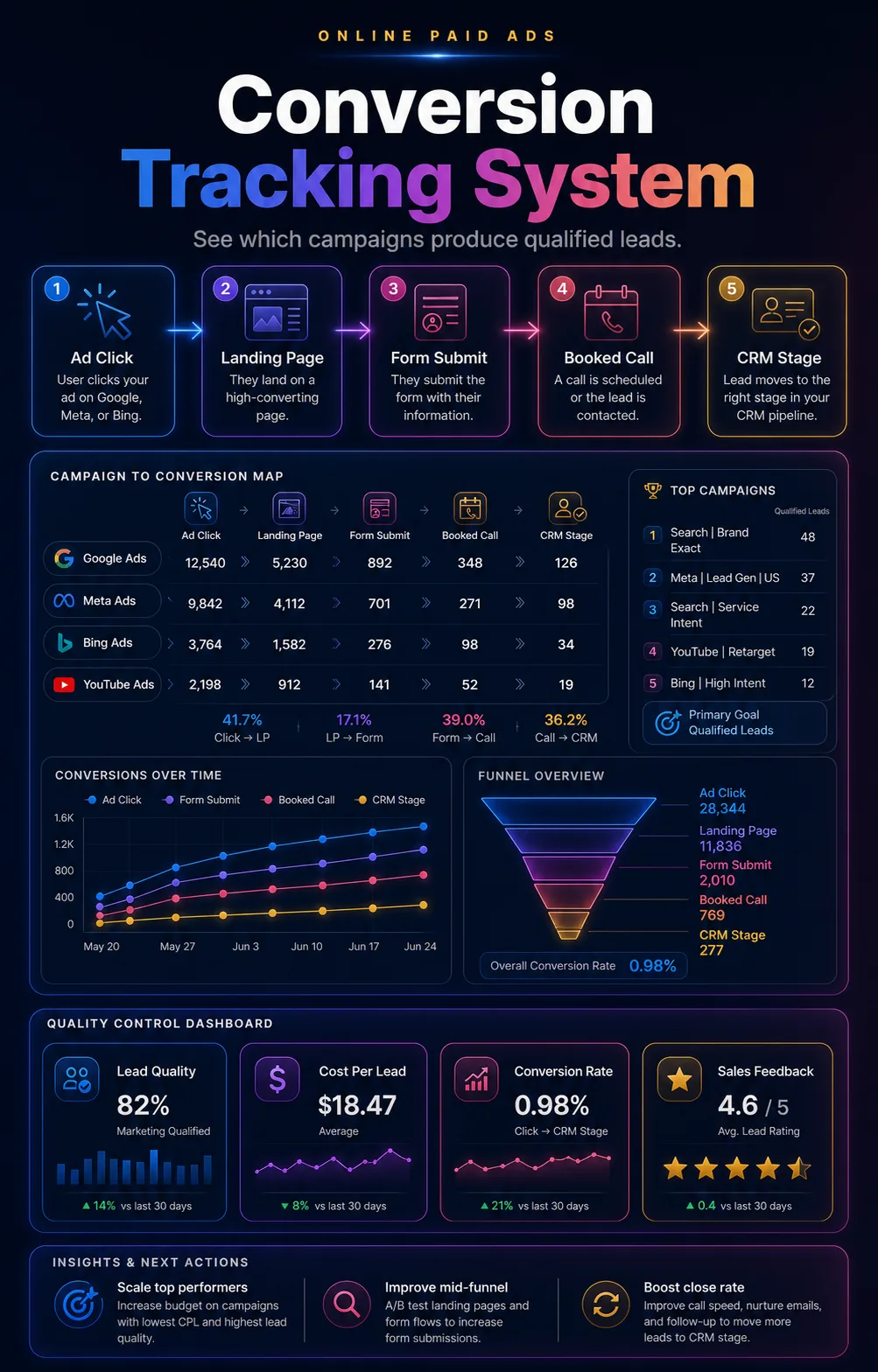 Paid ads conversion system visual showing campaigns flowing into verified leads and CRM pipeline