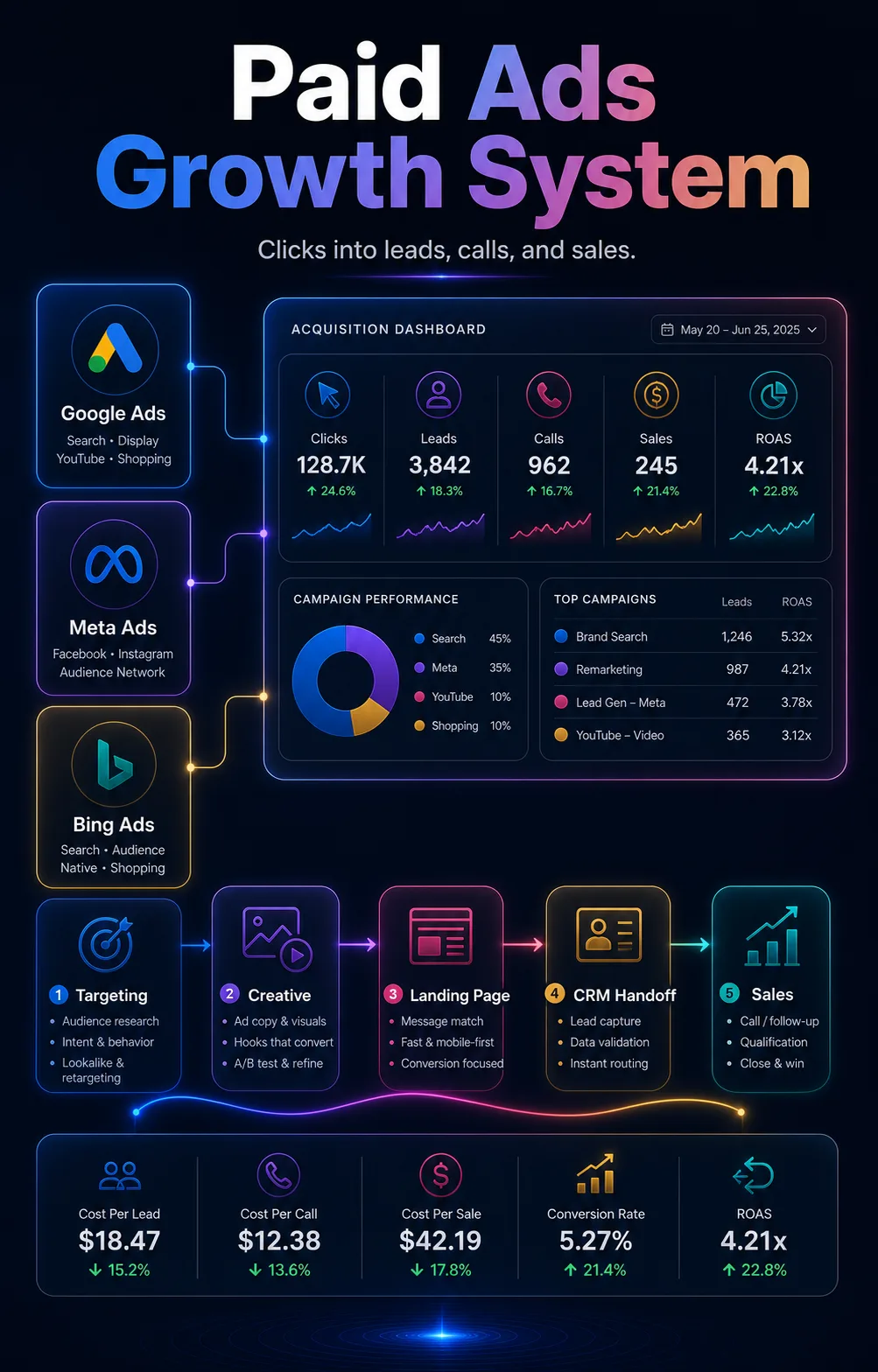Paid acquisition visual showing ad channels flowing into landing page leads and sales