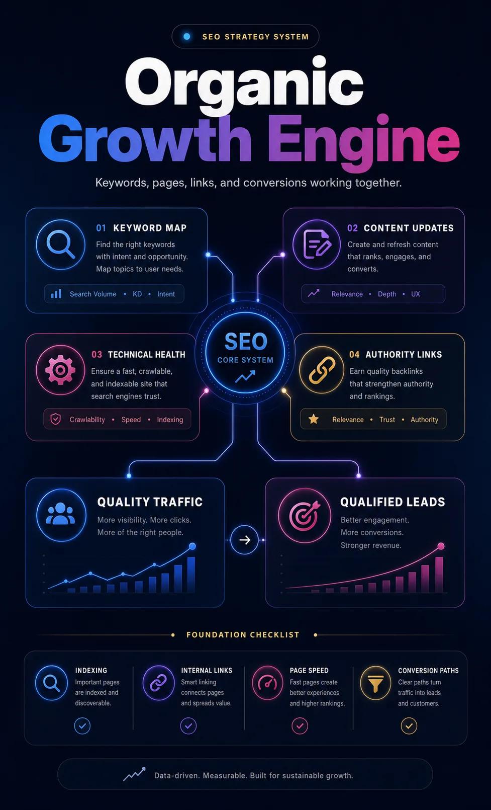 SEO growth system visual connecting keywords pages links and ranking growth