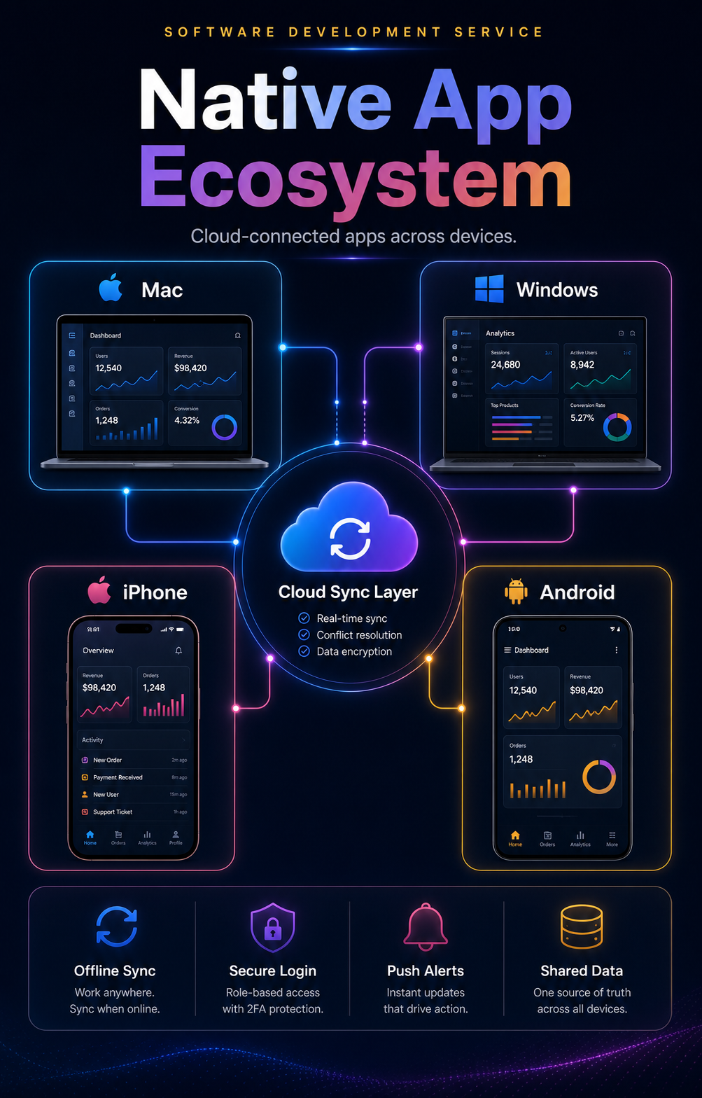 Connected native app ecosystem visual showing desktop laptop mobile and tablet apps synchronized through a cloud platform