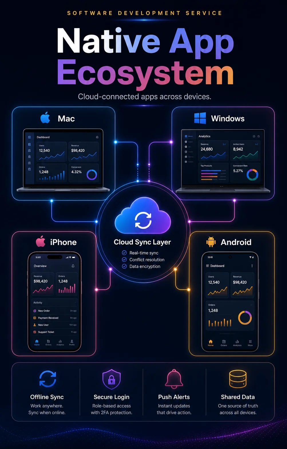 Connected native app ecosystem visual showing desktop laptop mobile and tablet apps synchronized through a cloud platform
